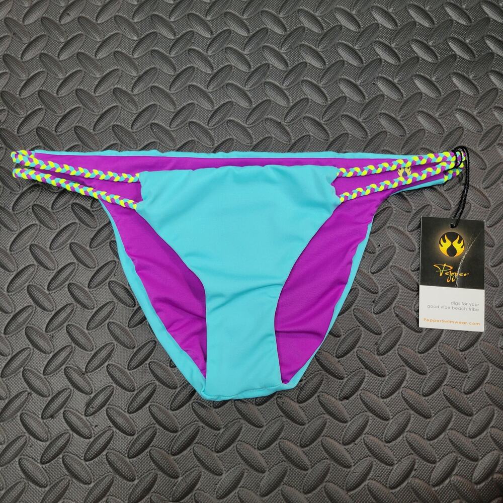 Pepper Swimwear Bikini Bottoms Small Reversible Purple Blue Braided NWT